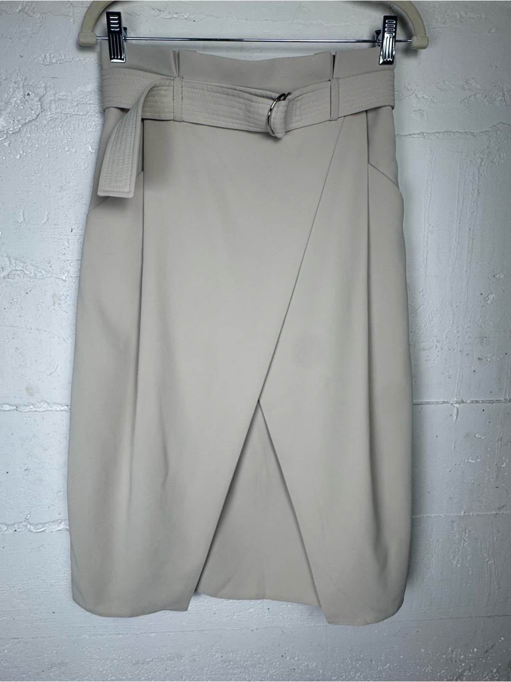 Karen Millen Paperbag Waist Wrap Front Skirt Cream Pencil W Belt Pockets Size 6